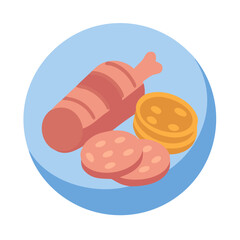 Cartoon plate of sliced sausage and cheese illustration