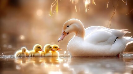 A serene moment by the lake with a white duck and her adorable ducklings under golden willow leaves