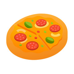 Isometric pepperoni pizza with basil on white background illustration