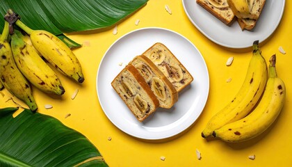 Delicious Banana Bread Slices on White Plates Surrounded by Fresh Bananas and Green Tropical Leaves on a Bright Yellow Background Perfect for Baking and Dessert Content