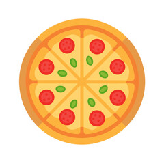 Stylized pepperoni pizza with green peppers against black backdrop
