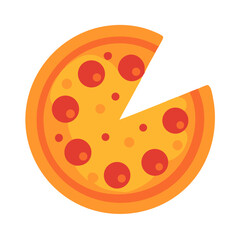 Stylized pepperoni pizza with a slice taken, flat design