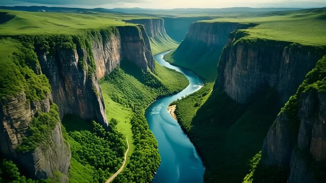 Scenic green canyon landscape with a winding river flowing between cliffs, peaceful natural environment and untouched wilderness view.