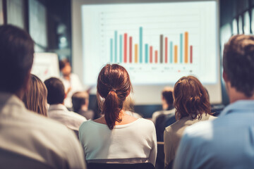 Rear view of a diverse group of business professionals attending a seminar, focused on a presenter explaining charts and graphs on a large projection screen in a bright modern conference room.