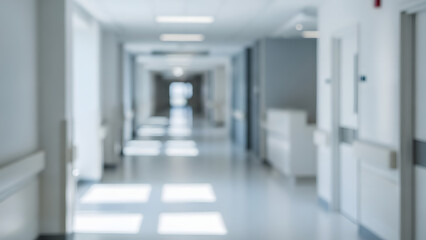Blurred photo of a bright and clean hospital corridor interior with modern medical facility design and sterile white lighting