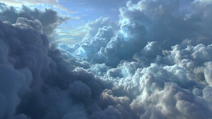 Fototapeta premium The sky is filled with fluffy white clouds, creating a serene and peaceful atmosphere. The clouds are scattered throughout the sky, with some closer to the ground and others higher up