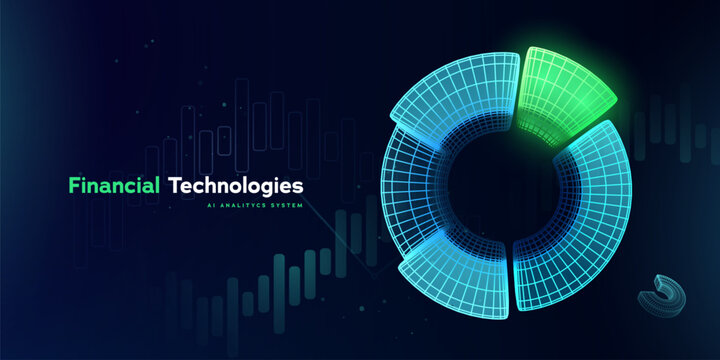 Business Data Analytics. Financial Growth. Fintech Analytics Dashboard With Futuristic Circular Data Chart In Neon Blue And Green For Finance, Investment, And AI Insights. Vector Illustration