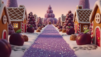 Fototapeta premium Sweet gingerbread village at sunset with candy trees and path