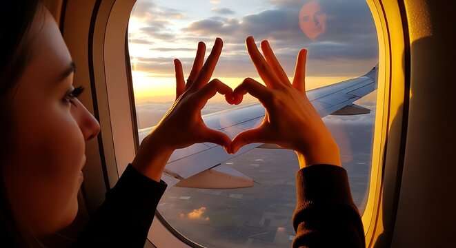 Woman making heart sign with hands on plane window with sunset travel.