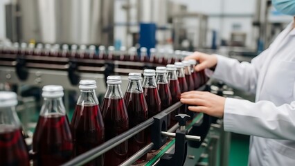 Factory worker inspecting bottles on a beverage production line juice