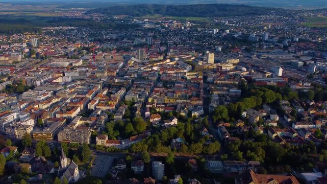 Aerial panorama view around the old town of Biel/Bienne in Switzerland on a sunny day in summer.