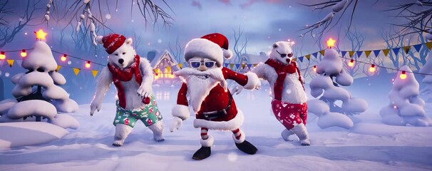 Funny Santa Claus and polar bears dances. Snow-covered landscapes with cozy cottages, Christmas trees, and gift boxes. Animated video for holiday cards, festive events, and New Year's parties. - Powered by Adobe