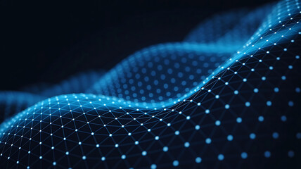 Abstract blue network connection structure representing data flow and digital technology innovation with a dark backdrop