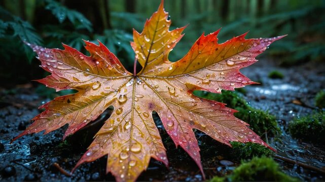 Video A single leaf with water droplets lying on the ground, great for nature or macro scenes