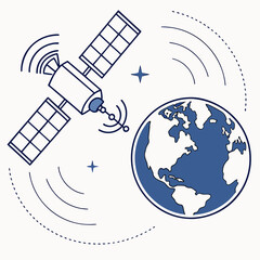 A stylized illustration depicts a satellite in orbit around planet earth transmitting signals with radiating waves and surrounded by stars representing global communication and space technology