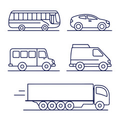 A collection of simple line art icons representing various vehicles including a bus car minivan and truck all rendered in a clean outline style on a white background