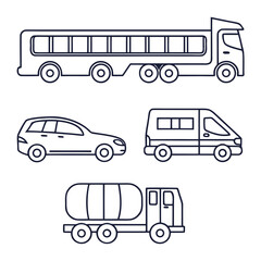 A collection of simple line art illustrations of various vehicles including a bus a car a van and a tanker truck on a white background