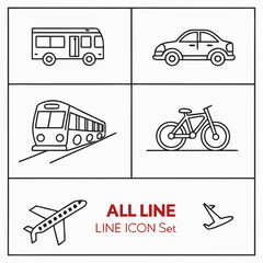 Collection of simple line art icons representing various modes of transportation including a bus train car bicycle and airplane for travel concepts