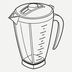 A simple black and white line art illustration of a kitchen blender pitcher with measurement markings and a handle isolated on a plain background