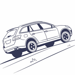 Stylized line art illustration of a dark blue suv station wagon driving uphill on a white background with simple grassy accents