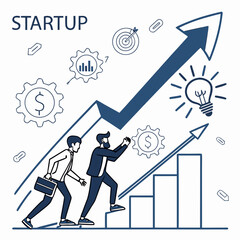 Two businessmen climb stairs representing startup growth and success with a rising arrow graph lightbulb idea target and gears symbolizing finance and progress