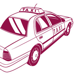 A stylized line art illustration of a classic sedan taxi cab with the word taxi displayed on its roof and side in a bold magenta outline against a clean white background