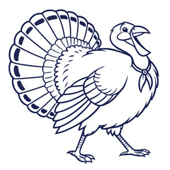 A charming cartoon illustration of a happy turkey with its tail feathers fanned out and wearing a festive bow tie perfect for thanksgiving and autumn designs