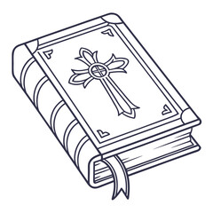 A detailed line art illustration of a closed book with a decorative cross emblem on its cover and a bookmark protruding from its pages