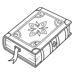A stylized black and white line art illustration of an antique closed book with a decorative cover and a bookmark protruding from the side