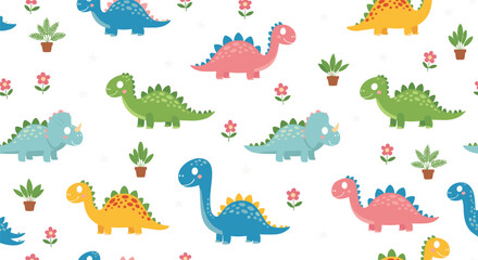 Seamless Pattern Vector of Cute Cartoon Dinosaurs in Pink, Blue, and Green, Mixed with Plants for Children's Apparel, Nursery Decor, and Prehistoric Themes