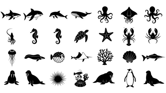 Collection of various black and white sea animals marine life icons set silhouette