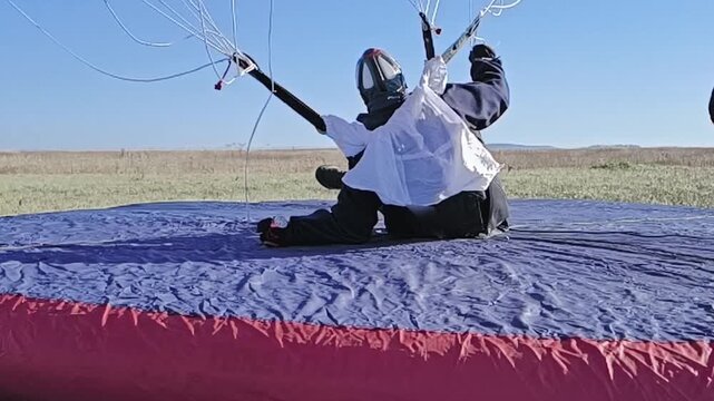 A parachutist in gear lands neatly on a soft training mat in an open field on a clear sunny day.
