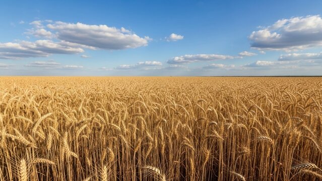 Golden wheat field under a clear blue sky with clouds