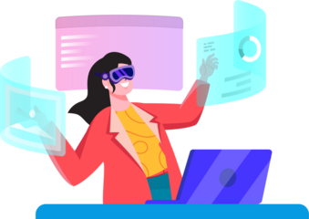 This illustration depicts a person using a VR/AR headset to interact with holographic data and screens.