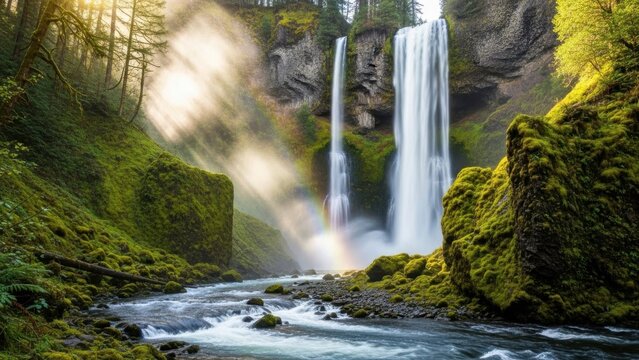 Majestic waterfall cascading down mossy cliffs with rainbow in misty sunlight