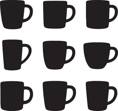 Coffee mugs black silhouette vector icons set minimalist style