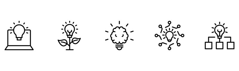 Light vector web line icons depicting light bulbs, ideas, innovation, creativity, and illumination for inspired thinking and solutions.