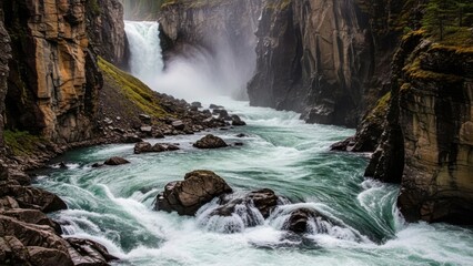 Powerful river flows through rocky gorge towards waterfall
