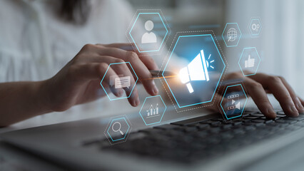 Digital marketing promotion strategy using megaphone, social media marketing, digital ads video content, communication, analytics, and global branding advertisement for business outreach Latch