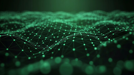 Abstract green network data visualization with glowing dots and connecting lines technology concept