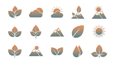 Stunning collection of modern nature icons featuring leaves mountains sun and water droplets with elegant gradient