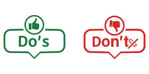 Do's and don'ts icon. to do and not to do symbol for guidelines and rules list.Dos and donts like thumbs up or down. Like or dislike index finger sign. Thumb up and thumb down sign - stock vector