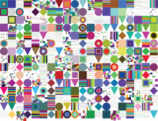Obraz premium Vibrant Abstract Geometric Shapes Pattern Illustration with Squares, Circles, and Triangles