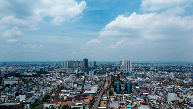 Aerial view of downtown Medan on a bright cloudy day, October 5, 2025