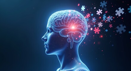 Obraz premium High quality, AI-generated illustration of female profile with glowing brain and surrounding puzzle pieces for mental clarity.
