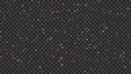 Snowfall background, white snowflakes vector, winter cold weather design. Many falling snow flake elements on transparent background,