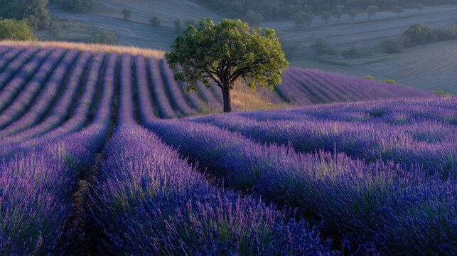 A large field of lavender with a single tree in the middle. The tree is surrounded by purple flowers and the field is full of them. The scene is peaceful and serene