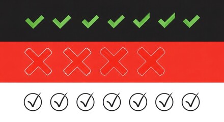 Green checkmarks and red crosses contrast decision making