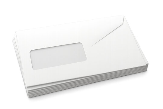 Stack of white blank window envelopes for business correspondence, communication, and mail. Isolated on a transparent background