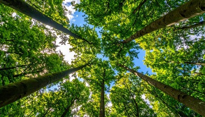 Obraz premium Looking up at canopy of trees with green leaves against blue sky